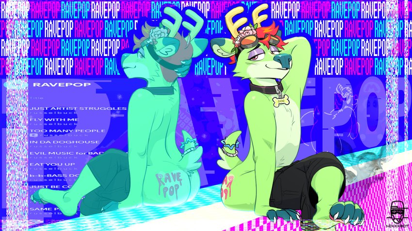 abstract_background accessory anthro antlers big_butt body_writing bottomwear bottomwear_down butt claws clothed clothing collar collar_tag countershade_butt countershade_torso countershading crossed_legs dipstick_ears ear_markings eyeshadow feet finger_claws flower flower_in_hair fur furgonomics green_body green_fur hair hair_accessory hand_behind_head horn jewelry logo makeup male mirror mirror_reflection multicolored_ears pants pants_down partially_clothed plant purple_eyeshadow red_eyes red_hair reflection sagging_pants scut_tail short_tail sitting snout solo tail tail_accessory tail_jewelry tail_tuft text toe_claws toeless_(marking) topless tuft nixxxbot russelbuck_(copyright) russelbuck_(character) canid canine canis deer domestic_dog hybrid mammal 16:9 2024 artist_logo artist_name english_text hi_res widescreen