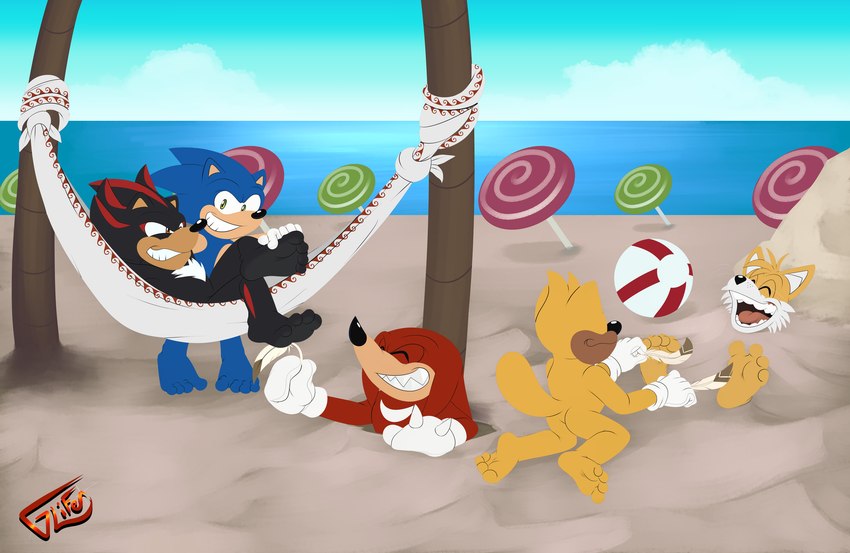 4_toes anthro barefoot beach feet foot_fetish foot_focus foot_play group laugh male male/male soles tickle_torture tickling tickling_feet toes glifer sega sonic_the_hedgehog_(series) knuckles_the_echidna miles_prower ray_the_flying_squirrel shadow_the_hedgehog sonic_the_hedgehog hi_res