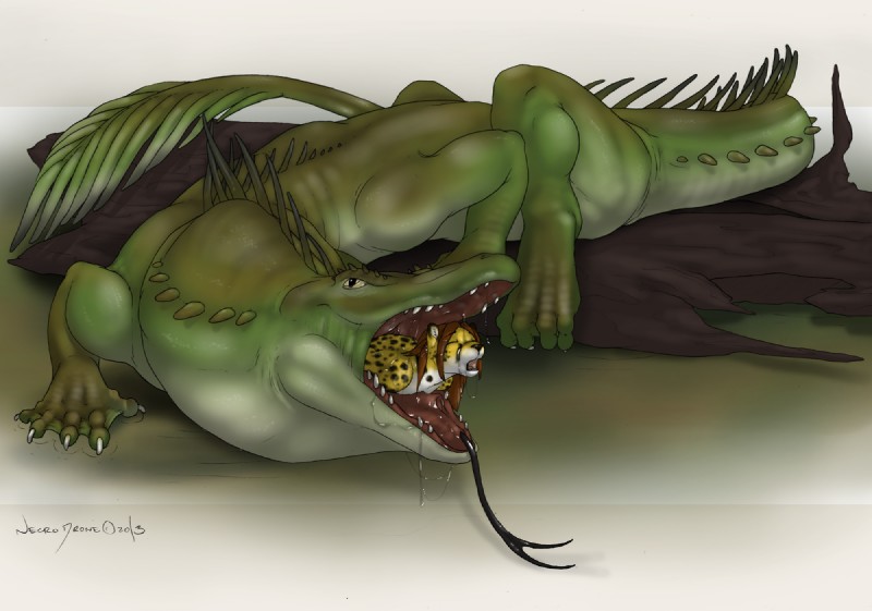 anthro black_body black_eyes black_fur black_nose black_spots black_tongue bodily_fluids brown_hair claws drooling duo eyes_closed feet_first feral forked_tongue fur green_body green_scales green_tail hair log long_tail male markings multicolored_body multicolored_fur multicolored_scales multicolored_tail open_mouth oral_vore partially_inside quadruped saliva scales spots spotted_body spotted_fur swamp tail tan_body tan_scales tan_tail teeth tongue tongue_out two_tone_body two_tone_scales two_tone_tail vore white_body white_claws white_fur wood yellow_body yellow_fur necrodrone kibacheetah cheetah felid feline lizard mammal reptile scalie 2014 digital_media_(artwork) signature