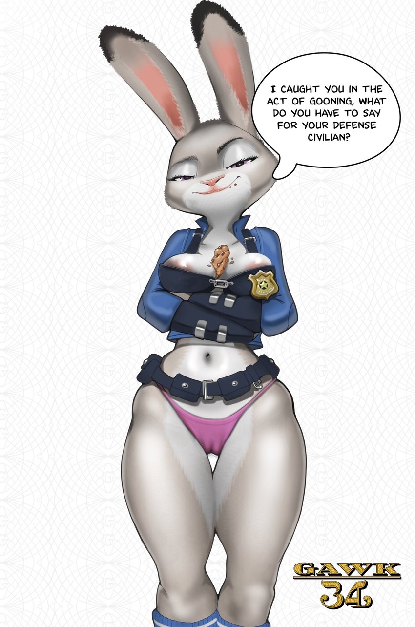 anthro badge belt big_ears breasts camel_toe cleavage clothed clothing cookie dialogue female food food_between_breasts grey_body looking_at_viewer navel nipple_slip panties police police_uniform purple_eyes simple_background smile smiling_at_viewer smirk smirking_at_viewer solo speech_bubble text underwear uniform utility_belt white_background wide_hips gawk34 disney zootopia judy_hopps lagomorph leporid mammal rabbit english_text hi_res