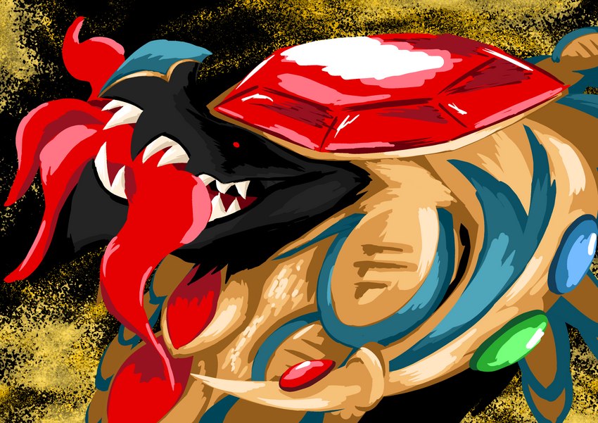 black_body black_sclera fangs fusion gem gold_(metal) gold_jewelry horn horn_jewelry horror_(theme) insane jewelry looking_at_viewer male multi_tongue open_mouth pokemon_fusion red_eyes royalty smile solo teeth tongue tongue_out shadowsoulful nintendo pokemon apophis_(shadowsoulful) fan_character cofagrigus demon generation_5_pokemon generation_7_pokemon kommo-o pokemon_(species) absurd_res hi_res