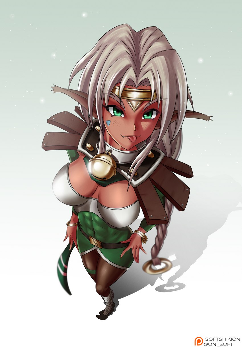 abs bell bell_collar braided_hair braided_ponytail brown_body brown_ears brown_skin circlet clothed clothing collar fangs female green_eyes hair long_hair looking_at_viewer looking_up ponytail simple_background solo standing teeth tongue tongue_out white_hair softshikioni outlaw_star aisha_clanclan animal_humanoid cat_humanoid ctarl-ctarl felid felid_humanoid feline feline_humanoid humanoid mammal mammal_humanoid 2021 absurd_res digital_media_(artwork) full-length_portrait hi_res portrait