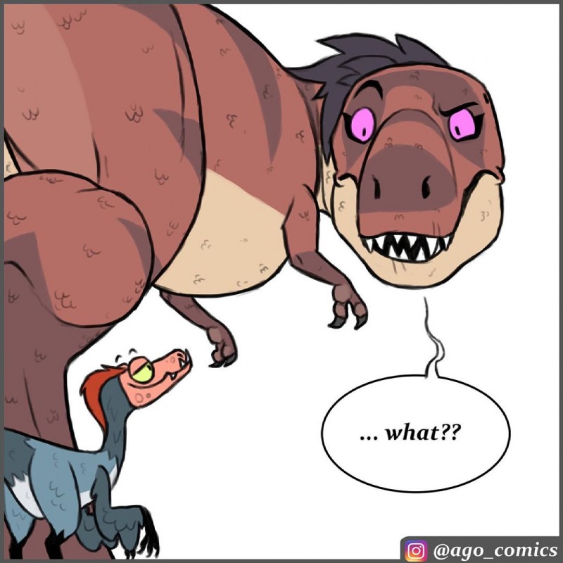 ambiguous_gender dialogue duo feral open_mouth sharp_teeth simple_background size_difference speech_bubble teeth text pet_foolery roxy_the_t-rex twig_the_velociraptor dinosaur dromaeosaurid prehistoric_species reptile scalie theropod tyrannosaurid tyrannosauroid tyrannosaurus tyrannosaurus_rex velociraptor 1:1 english_text