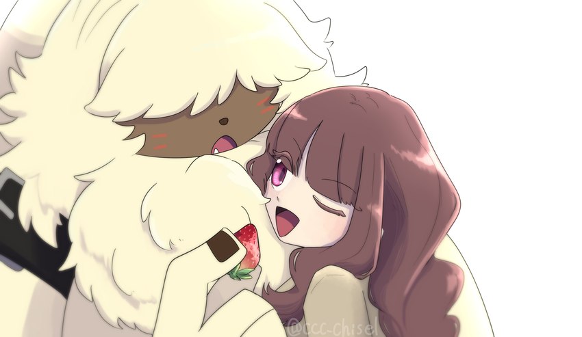 anthro brown_hair duo feeding female fluffy food fruit fur hair hair_over_eyes long_ears long_hair male plant ponytail_ears strawberry yellow_body yellow_fur ccc_chisel bandai_namco digimon digimon_ghost_game angoramon_(ghost_game) ruri_tsukiyono angoramon digimon_(species) human lagomorph leporid mammal rabbit absurd_res hi_res