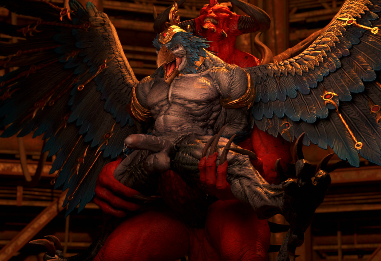 abdominal_bulge abs anal anal_penetration anthro balls beak biceps big_penis bodily_fluids chaos claws deltoids dominant dominant_male duo erection genital_fluids genitals holding_leg holding_partner horn humanoid_genitalia humanoid_penis jewelry male male/male male_penetrated male_penetrating male_penetrating_male membrane_(anatomy) membranous_wings muscular muscular_anthro muscular_arms muscular_thighs nipples nude open_beak open_mouth pecs penetration penile penis red_body serratus sex spikes spikes_(anatomy) standing teeth triceps wings outofnecessity blizzard_entertainment diablo total_war:_warhammer warhammer_(franchise) diablo_(character) god_slayer chaos_daemon daemon_prince demon 3d_(artwork) digital_media_(artwork) hi_res