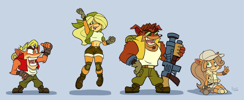 4_fingers anthro breasts clothing cosplay crop_top cropped_jacket crossover_cosplay eyewear female fingers footwear glasses gloves green_eyes group gun hair handwear long_hair male midriff navel open_mouth ranged_weapon shirt simple_background sunglasses teeth topwear weapon kevintrentin activision crash_bandicoot_(series) metal_slug coco_bandicoot crash_bandicoot crunch_bandicoot tawna_bandicoot bandicoot mammal marsupial 2021 absurd_res crossover hi_res signature