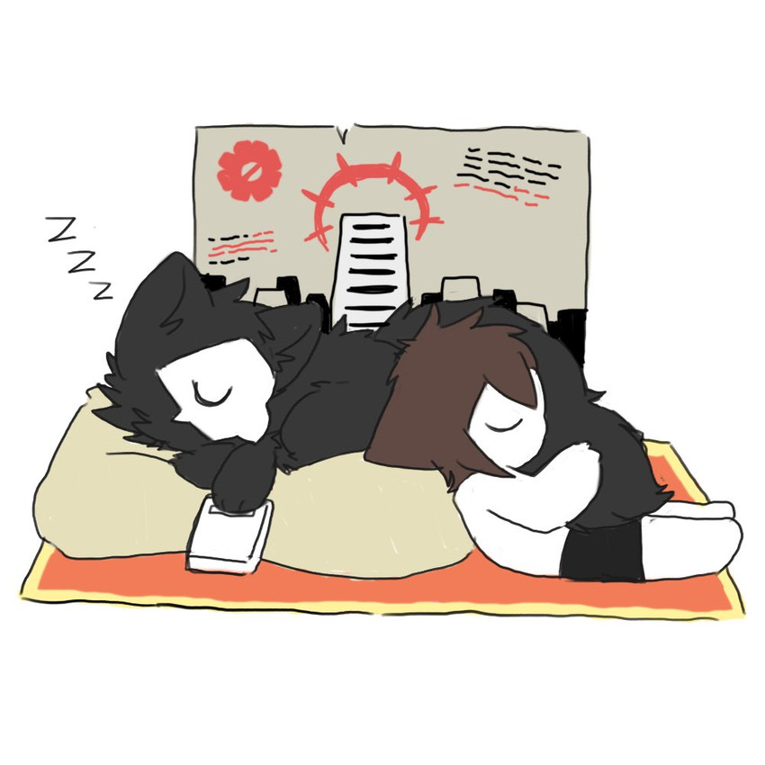 anthro bean_bag black_body black_fur book bottomwear brown_hair clothing daww eyes_closed fluffy fluffy_tail fur hair male male_anthro mask portrait_(object) rug shorts simple_background sleeping sound_effects tail tail_hug vowelless vowelless_sound_effect white_background white_body zzz chano changed_(video_game) lin_(changed) puro_(changed) canid canine canis dark_latex goo_creature human mammal wolf 1:1 digital_media_(artwork)