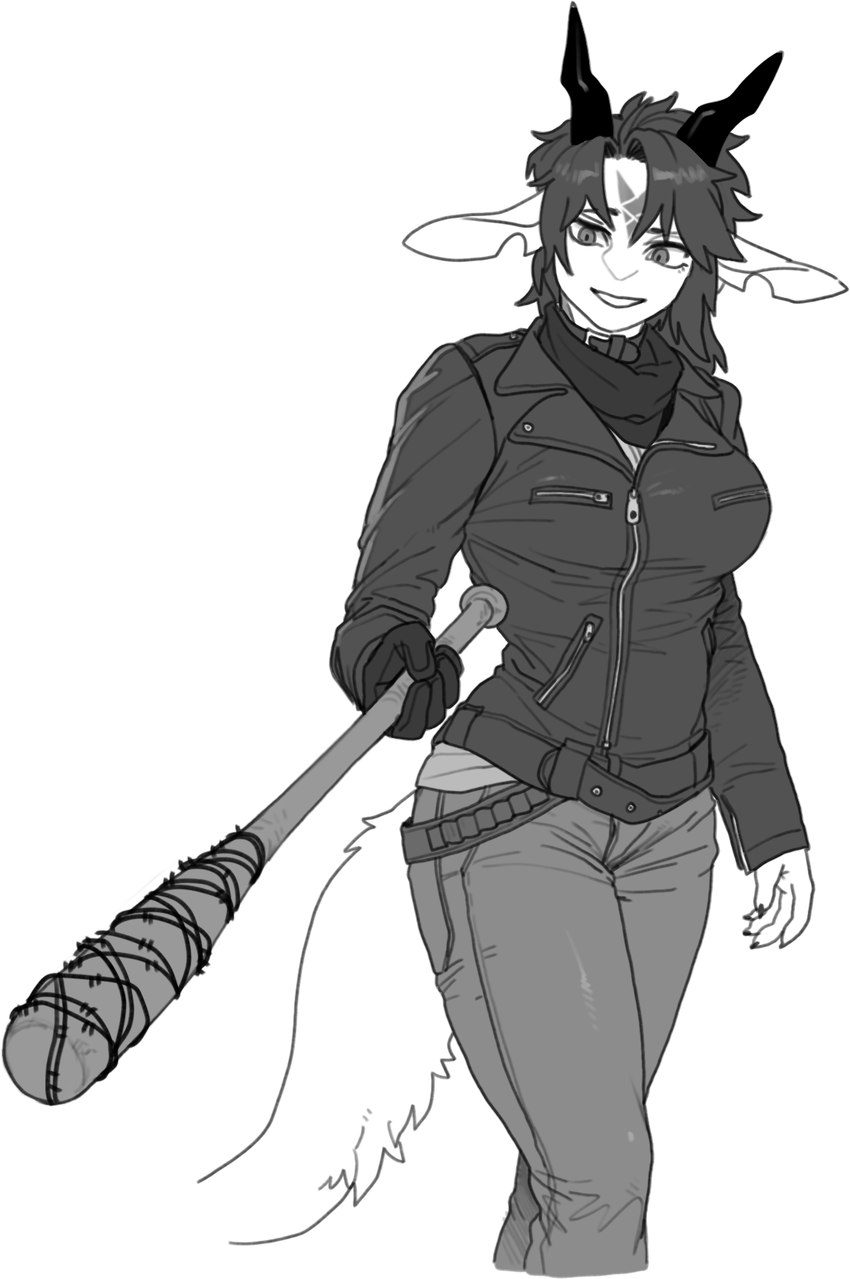 anthro barbed_wire baseball_bat bat_(object) bottomwear breasts clothing collar female gloves hair handwear jacket kerchief one_glove pants short_hair solo tail topwear pgm300 mythology the_walking_dead chabett dragon mythological_creature mythological_scalie scalie 2023 hi_res monochrome