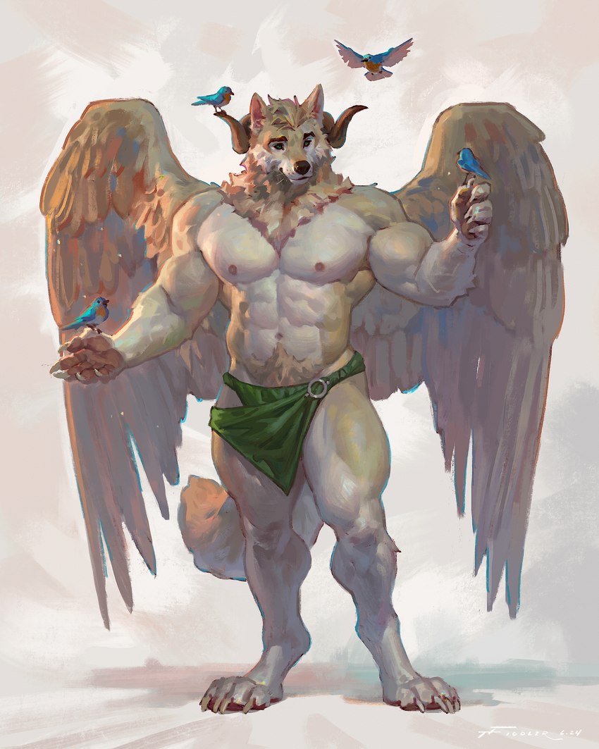 abs anthro biceps big_deltoids big_muscles biped deltoids digitigrade fluffy fluffy_tail fur horn male muscular muscular_anthro muscular_male neck_tuft peaceful pecs solo tail tan_body tan_fur thick_thighs tuft white_body white_fur wings taran_fiddler vann_(felwinn) canid canine canis chimera domestic_dog husky mammal nordic_sled_dog spitz absurd_res hi_res huge_filesize