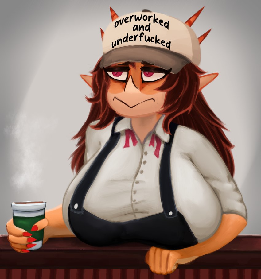 anthro apron beverage big_breasts breasts clothed clothing coffee coffee_cup container cup dress_shirt female hair headgear headwear humor long_hair orange_body red_eyes shirt simple_background solo spikes spikes_(anatomy) text tired tired_eyes topwear ahoeforcoffee goodbye_volcano_high rosa_(gvh) aquilops ceratopsian dinosaur ornithischian prehistoric_species reptile scalie 2024 english_text hi_res trans_(lore) trans_woman_(lore)