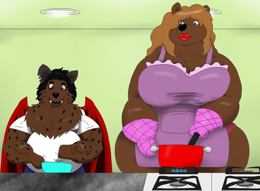 anthro apron clothing cooking duo female hair handwear lips male mittens musclegut muscular muscular_male red_lips size_difference tied_hair wings alythewolfcat joseph_vincent mama_bear_(xskullstomperx) bat bear hybrid hyena leaf-nosed_bat mammal microbat spotted_hyena vampire_bat yangochiropteran hi_res