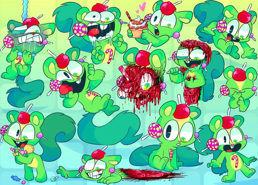 anthro asphyxiation autocannibalism bisected blood bloodshot_eyes bodily_fluids body_horror brain buckteeth candy death dessert disembowelment eaten_raw exposed_brain exposed_flesh foaming_at_mouth food fur gore green_body green_eyes green_fur grotesque_death guts heterochromia intestines lazy_eye male multiple_poses organs pie_cut_eyes pose skinned solo teeth toony vdru7 happy_tree_friends nutty_(htf) mammal rodent sciurid tree_squirrel unavailable_at_source