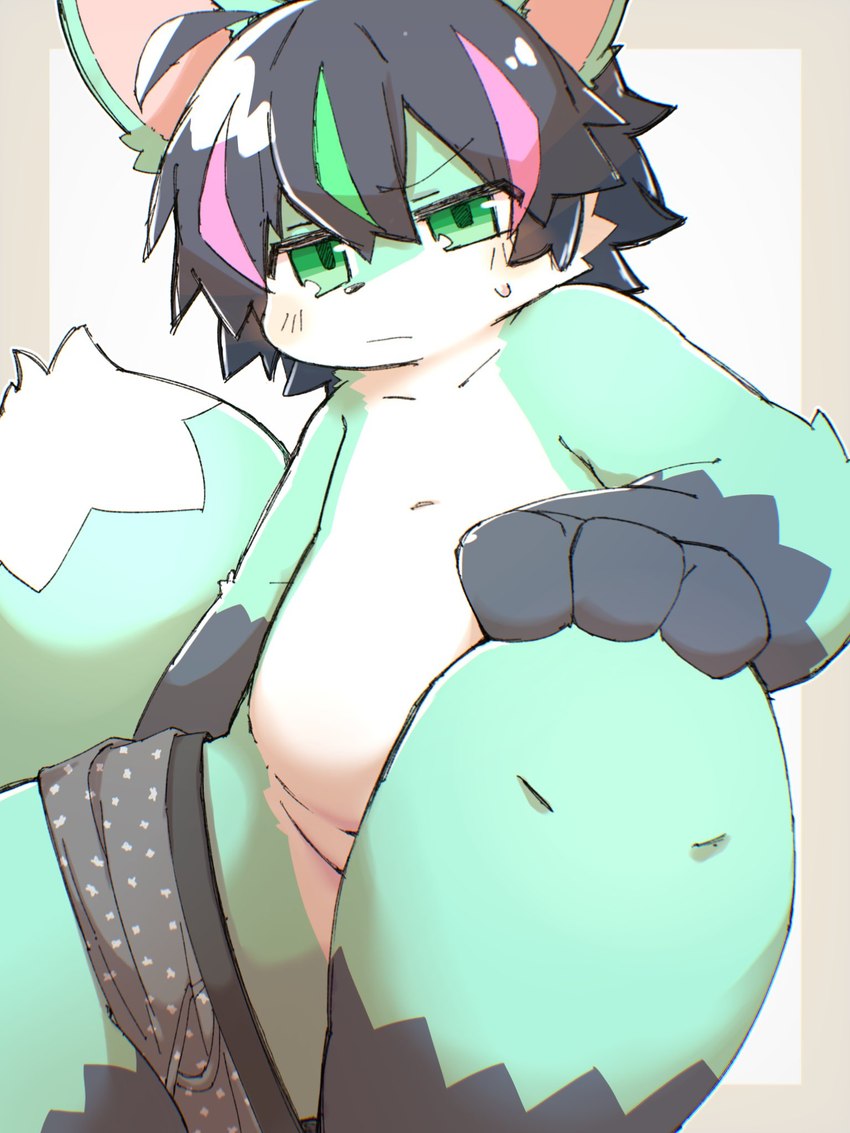 ahoge annoyed anthro black_bottomwear black_clothing black_hair black_underwear blue_eyes blush blush_lines bodily_fluids bottomwear clothing collarbone countershading fur glistening glistening_eyes glistening_hair gloves_(marking) green_body green_fur green_highlights hair hand_on_knees hand_on_legs highlights_(coloring) kemono male markings narrowed_eyes pink_highlights raised_knee slightly_chubby sweat three-quarter_view underwear white_body white_countershading young young_anthro young_male shouka_2810 production_taiikukan polaris_(polaris_mint) canid canine fox mammal 2023 3:4 digital_media_(artwork) hi_res portrait three-quarter_portrait