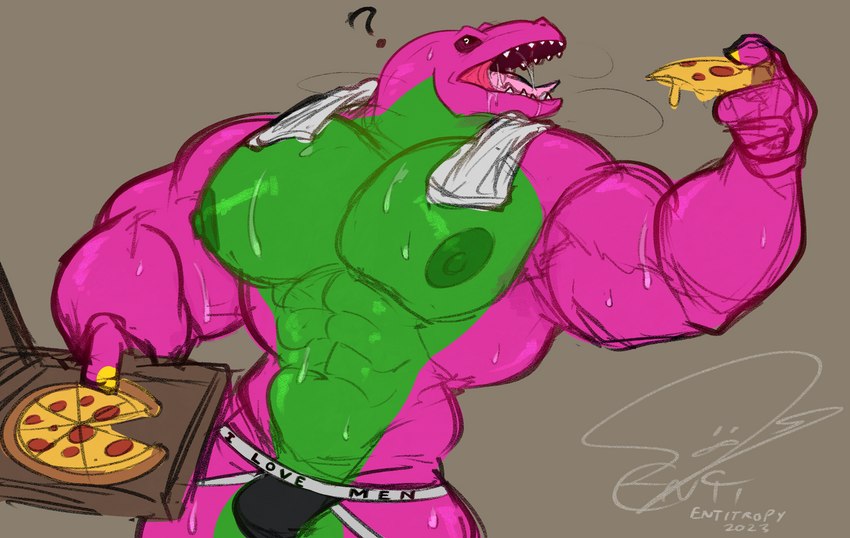 abs biceps bodily_fluids clothed clothing food jockstrap male muscular muscular_male nipples open_mouth pecs pizza simple_background solo sweat tongue underwear underwear_only entitropy barney_and_friends pbs barney_the_dinosaur dinosaur prehistoric_species reptile scalie 2023 absurd_res digital_media_(artwork) hi_res signature