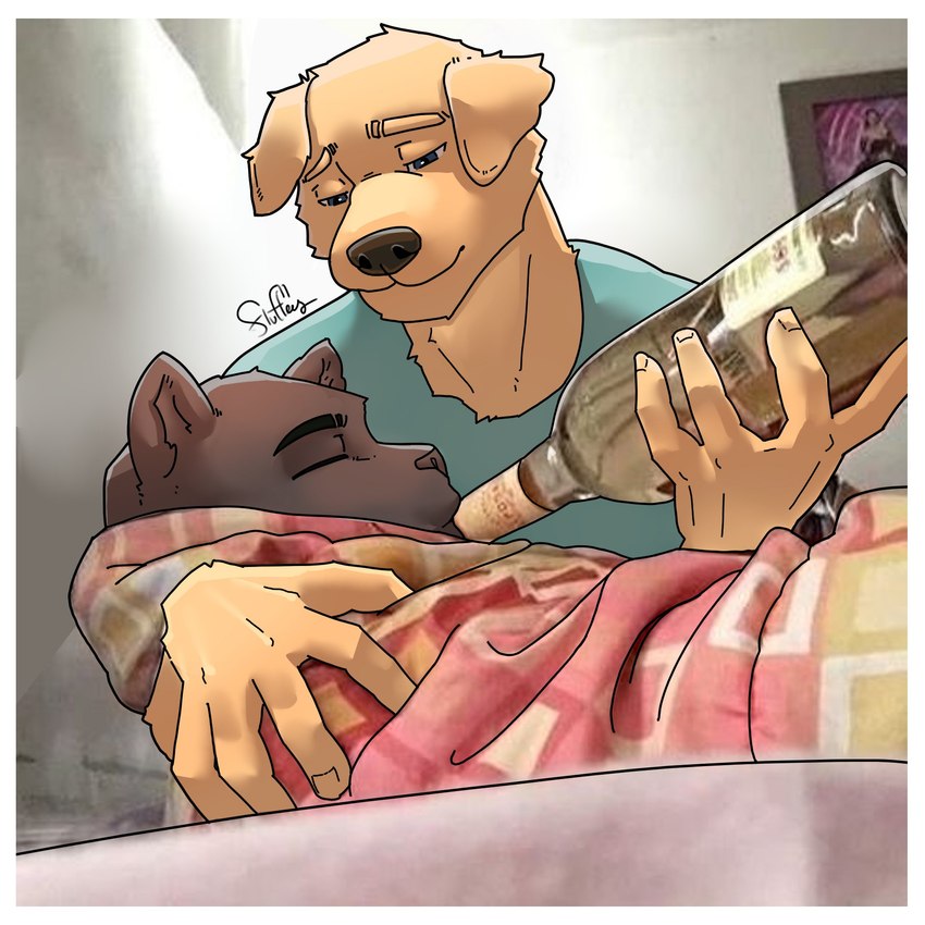 5_fingers alcohol anthro bedding beverage black_body black_fur black_nose blanket blue_eyes border drinking duo eyebrow_slit eyebrows eyes_closed fingers fur holding_alcohol holding_another holding_beverage holding_object humanoid_hands male mouth_closed real sleeping white_border yellow_body yellow_fur fluffey joseph_warren_(meesh) travis_peake_(meesh) bird_dog canid canine canis domestic_dog felid golden_retriever hunting_dog mammal pantherine retriever 1:1 2025 draw_over english_description hi_res meme