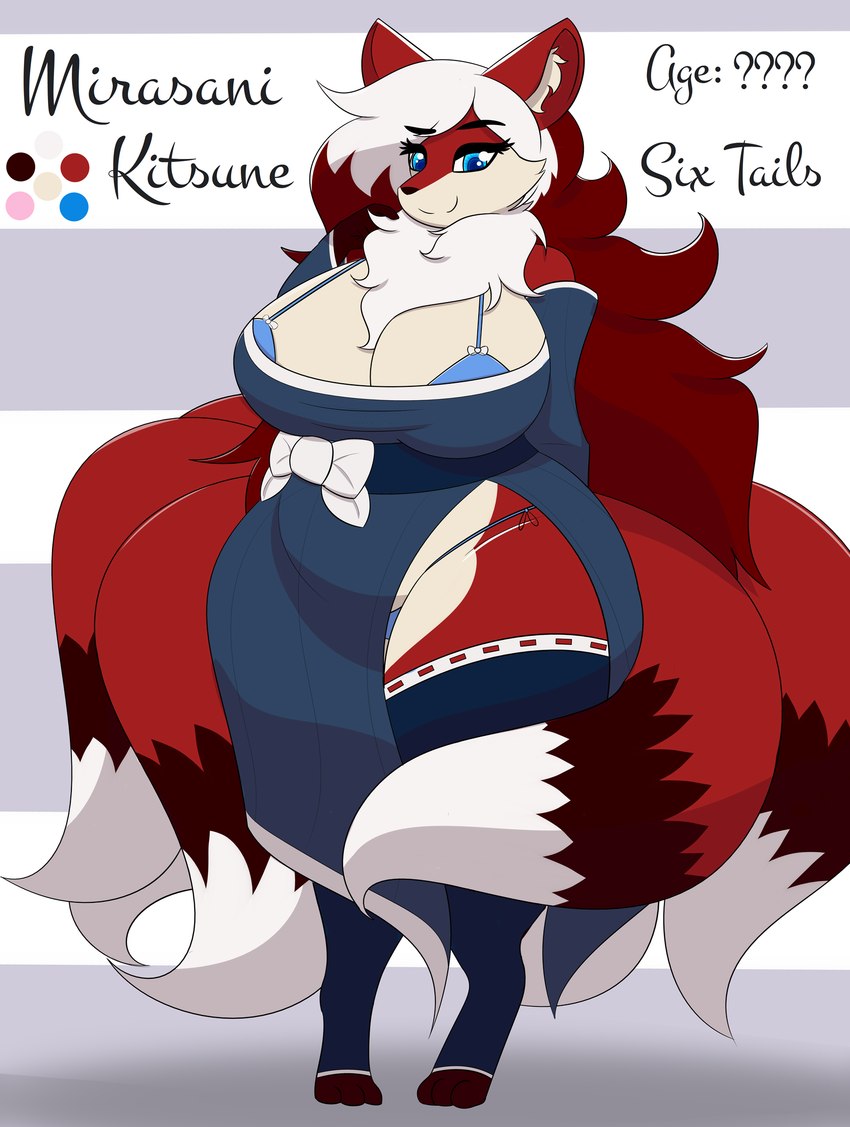 anthro big_breasts blue_eyes bow_accessory bra breasts brown_body brown_fur chest_tuft clothing dress female fur hair huge_breasts legwear multi_tail panties red_body red_fur red_hair slightly_chubby slightly_chubby_female solo tail thigh_highs tuft underwear white_body white_fur white_hair sixfour_(artist) mirasani_(sixfour) canid canine fox mammal hi_res model_sheet