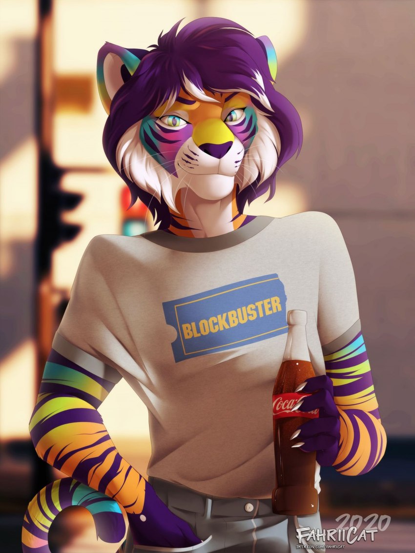 anthro beverage blurred_background bottle bottomwear branded_clothing claws clothing container female fur hair hand_in_pocket holding_beverage holding_bottle holding_container holding_object looking_at_viewer multicolored_body multicolored_eyes multicolored_fur multicolored_hair outside pants pockets purple_hair purple_nose rainbow_body rainbow_fur shirt smile soda soda_bottle solo sparklefur t-shirt topwear traffic_light tucked_shirt urban whiskers white_hair fahriicat_(artist) blockbuster coca-cola patreon dixie_(fahriicat) felid mammal pantherine tiger 2020 hi_res watermark