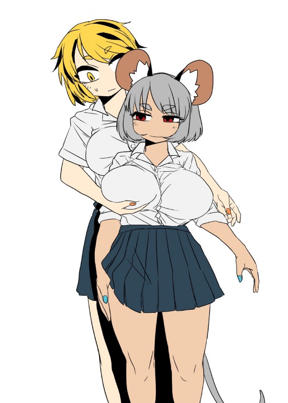 big_breasts black_hair blonde_hair blue_nails bottomwear breast_grab breasts clothed clothing colored_nails duo female grey_hair hair hand_on_breast larger_female multicolored_hair nails red_eyes shirt short_hair size_difference skirt smaller_female smile tanned topwear yellow_eyes yellow_nails buchineko touhou nazrin shou_toramaru animal_humanoid human humanoid mammal mammal_humanoid mouse_humanoid murid murid_humanoid murine murine_humanoid rodent rodent_humanoid hi_res