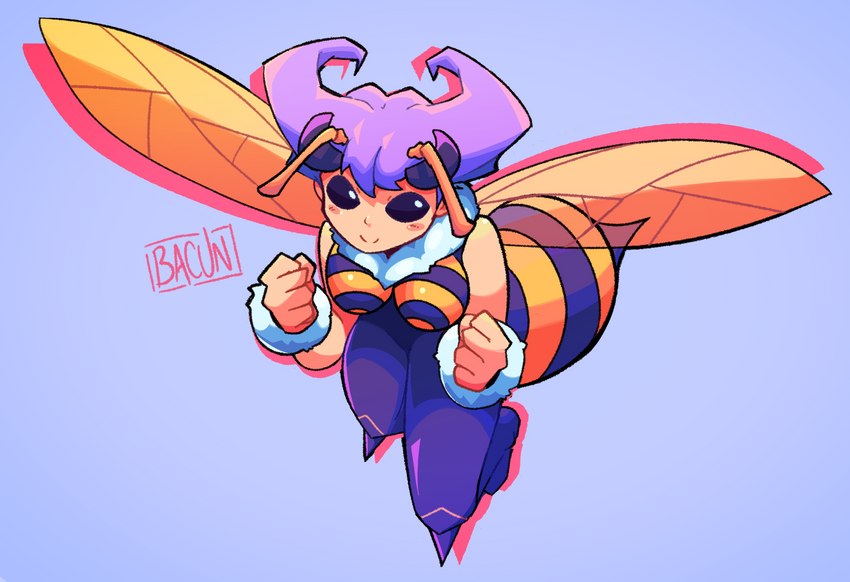 5_fingers blush breasts clothing female fingers simple_background smile solo wings bacun capcom darkstalkers q-bee animal_humanoid arthropod arthropod_humanoid bee_humanoid humanoid hymenopteran hymenopteran_humanoid insect insect_humanoid 2021 hi_res signature