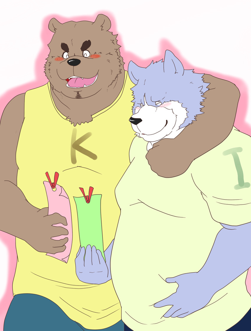 anthro belly brown_body brown_fur clothing duo fur hug humanoid_hands kemono male male/male overweight overweight_male shirt simple_background topwear kuma_(pixiv_881259) kumadasi canid canine canis domestic_dog mammal 2011 hi_res