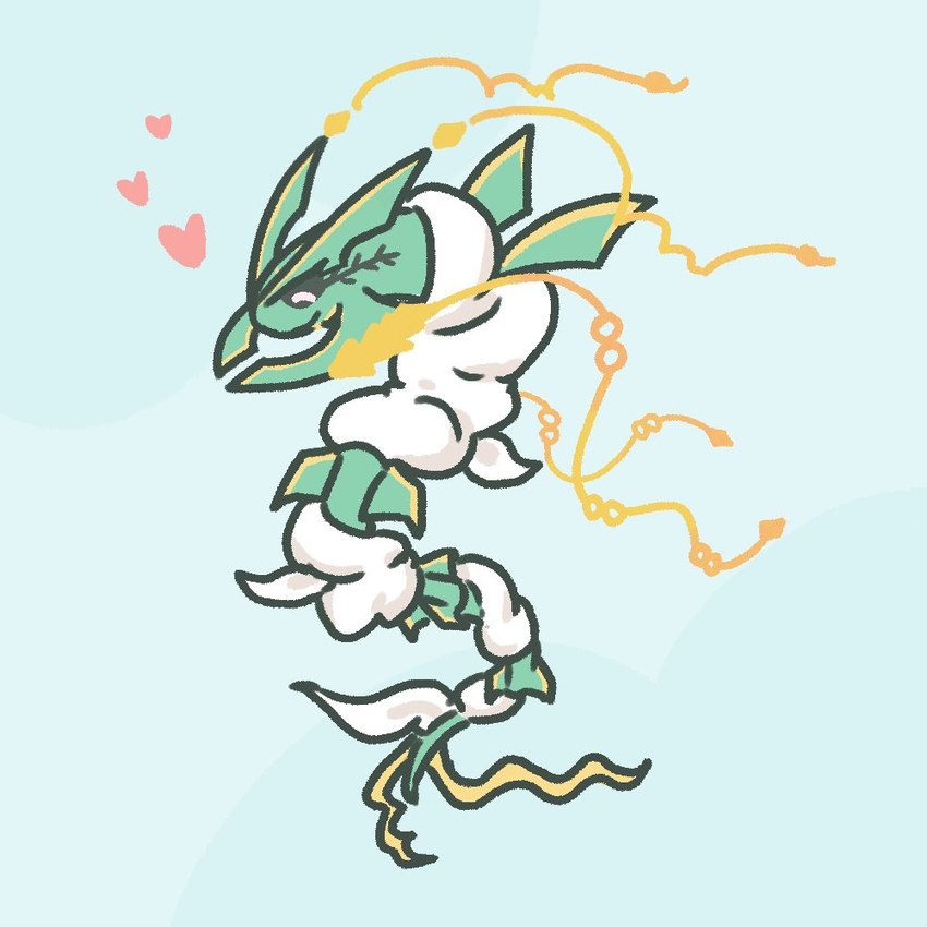 ambiguous_gender blue_background chibi eyes_closed feral green_body happy heart_symbol markings scarf simple_background solo white_scarf yellow_body yellow_markings dadesu0_0 nintendo pokemon generation_6_pokemon legendary_pokemon mega_evolution mega_rayquaza pokemon_(species) 1:1 2024