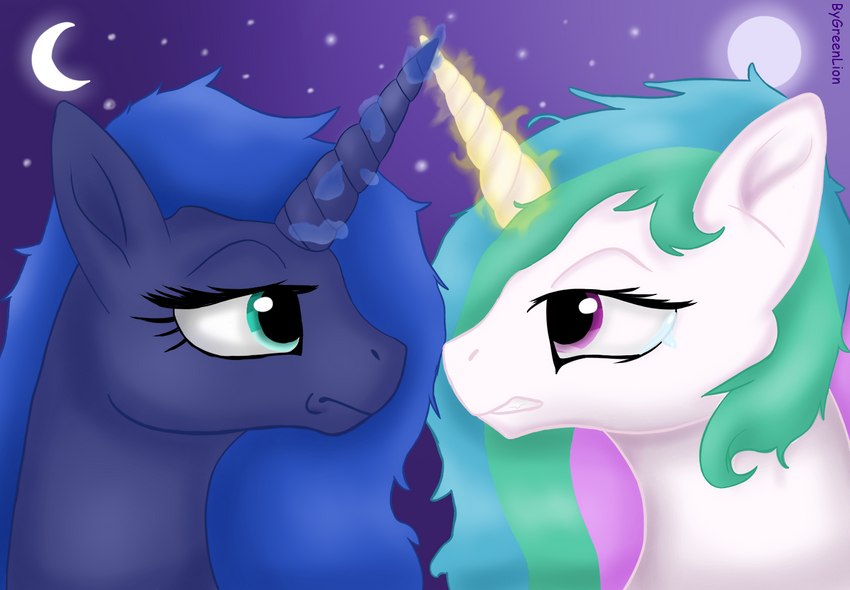 conflict duo female feral horn princess royalty wings greenlion friendship_is_magic hasbro my_little_pony mythology princess_celestia_(mlp) princess_luna_(mlp) equid equine horse mammal mythological_creature mythological_equine pony winged_unicorn