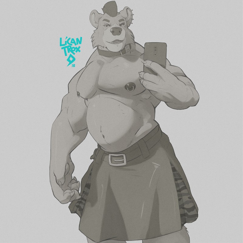 anthro belt bottomwear clothing collar ear_piercing kilt looking_at_viewer male mohawk muscular muscular_anthro muscular_male nipple_piercing nipples piercing selfie slightly_chubby smile solo caronte aikho bear mammal 1:1 2018 artist_name digital_media_(artwork) greyscale hi_res monochrome