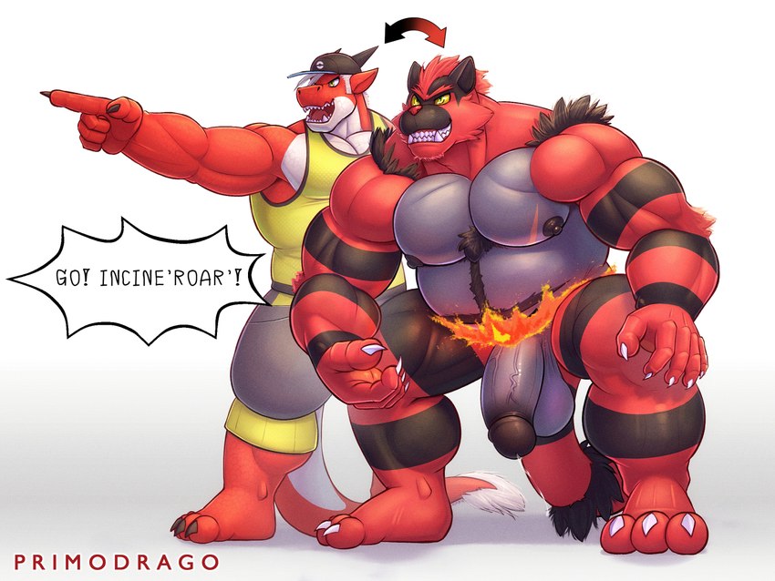 anthro belly body_swap duo genitals humanoid_genitalia humanoid_penis male male/male musclegut muscular nipples pecs penis trainer primodrago mythology nintendo pokemon roar_(primodrago) domestic_cat dragon felid feline felis generation_7_pokemon incineroar mammal mythological_creature mythological_scalie pokemon_(species) scalie 4:3