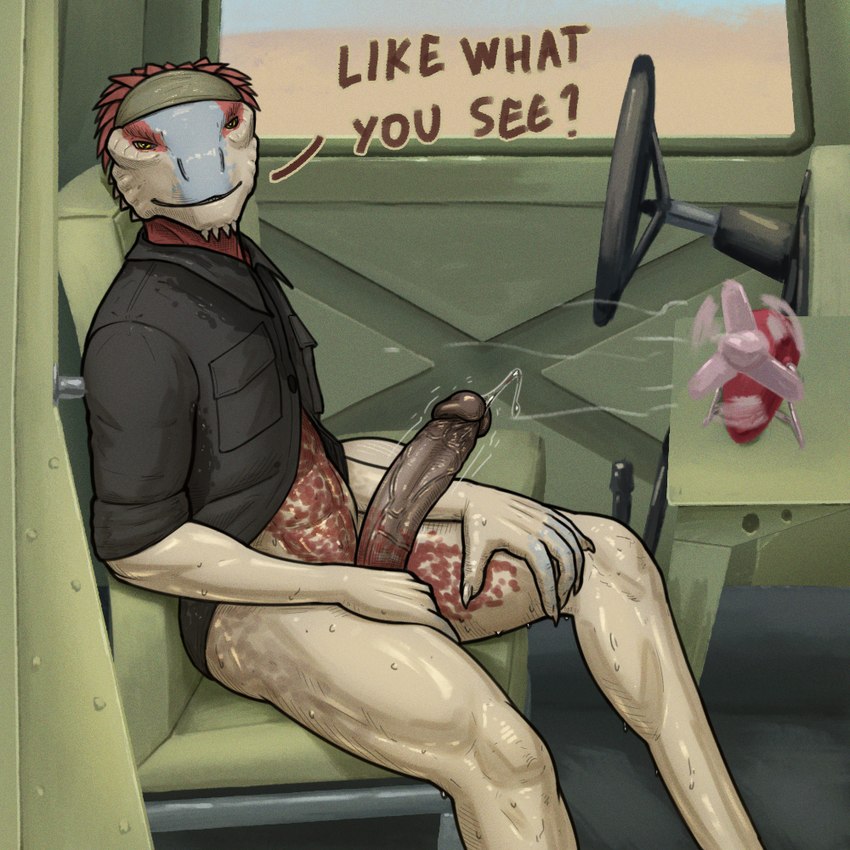 anthro big_penis bodily_fluids bottomless car clothed clothing dialogue erection genital_fluids genitals humanoid_genitalia humanoid_penis inside_car inside_vehicle long_penis looking_at_viewer male penis precum smile smiling_at_viewer smirk smirking_at_viewer solo sweat text topwear vehicle vein veiny_penis wet wet_clothing tall_lizzard_(artist) activision call_of_duty codasaurus dinosaur dromaeosaurid prehistoric_species reptile scalie theropod 1:1 english_text