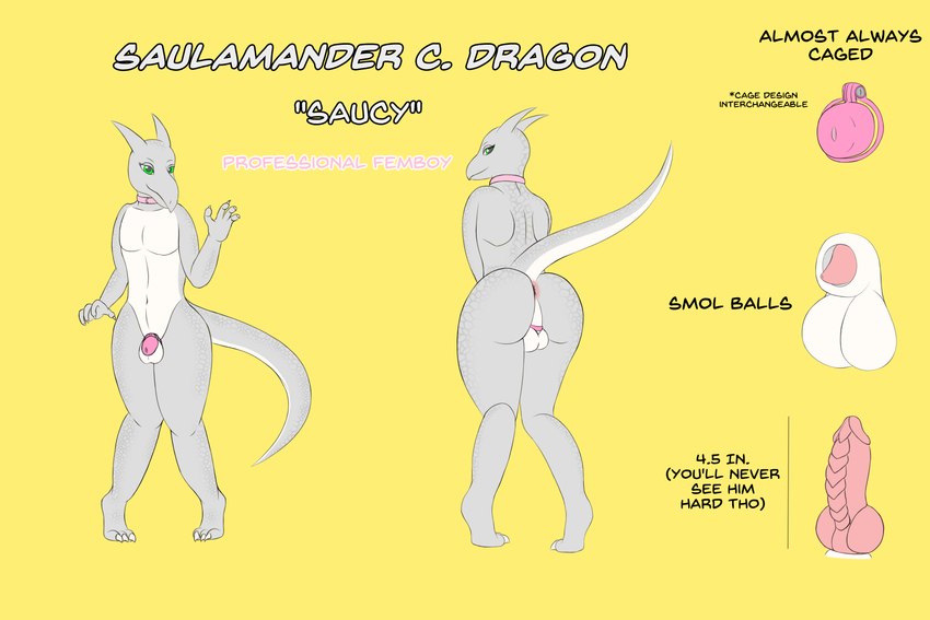 animal_genitalia anthro anus backsack balls big_butt butt chastity_cage chastity_device collar genitals looking_back male penis presenting presenting_hindquarters raised_tail rear_view scales sheath solo tail text wide_hips onesaucydragon mythology saulamander dragon mythological_creature mythological_scalie scalie 3:2 absurd_res english_text hi_res model_sheet