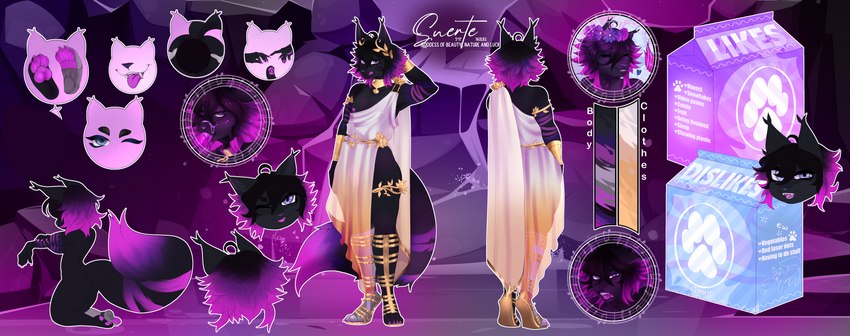 anthro blue_eyes clothing femboy gold_(metal) gold_jewelry hair jewelry male purple_hair robe solo thick_thighs lollipopfears suerte deity domestic_cat felid feline felis mammal absurd_res hi_res model_sheet