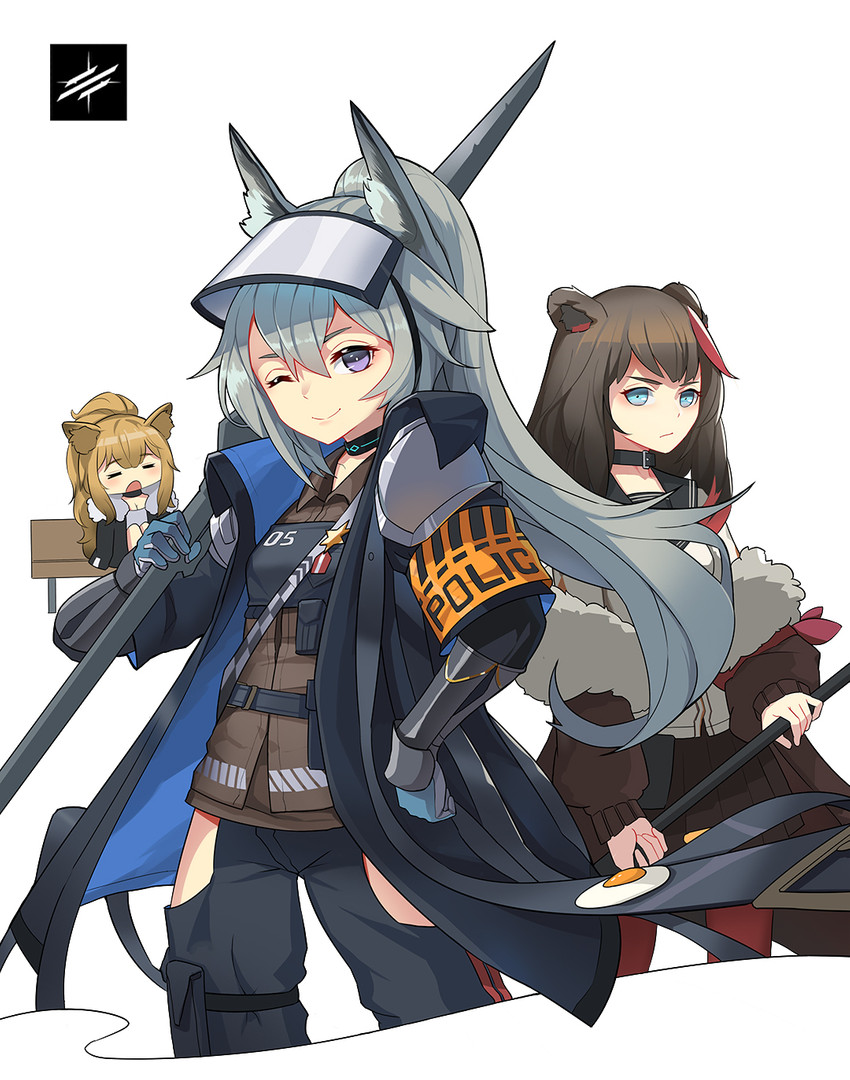 bench blonde_hair blue_eyes bottomwear breasts brown_hair clothing collar female gloves group hair handwear jacket looking_at_viewer melee_weapon one_eye_closed pants silver_hair simple_background sleeping smile topwear weapon white_background sima_naoteng arknights hypergryph studio_montagne grani_(arknights) siege_(arknights) zima_(arknights) animal_humanoid bear equid equid_humanoid felid felid_humanoid humanoid lion_humanoid mammal mammal_humanoid pantherine pantherine_humanoid ursid_humanoid 2019 hi_res