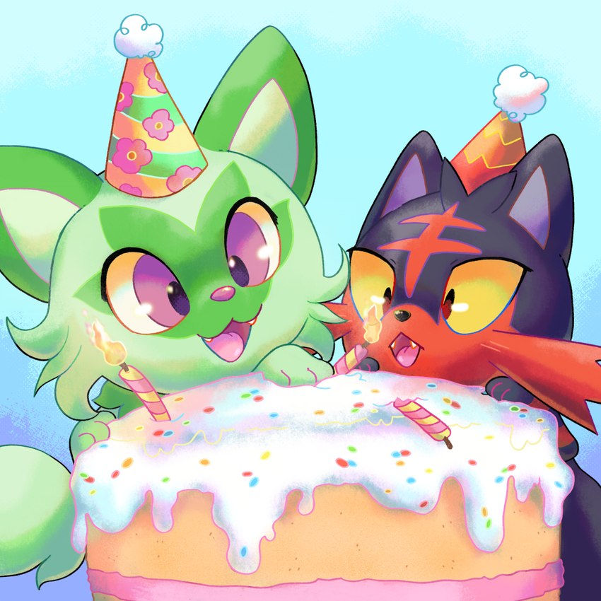 3_toes abstract_background ambiguous_gender birthday_cake black_body black_ears black_eyes black_fur black_nose cake candle clothing cute_fangs dessert duo eyelashes facial_markings facial_tuft fangs feet feral fire food forehead_markings frosting fur glistening glistening_eyes glistening_nose green_body green_ears green_fur green_tail hat head_markings headgear headwear markings multicolored_body multicolored_eyes multicolored_fur no_pupils open_mouth open_smile party_hat pink_nose pink_tongue pupils purple_eyes quadruped red_eyes red_stripes smile striped_body striped_fur stripes tail teeth three-quarter_view toes tongue tuft two_tone_body two_tone_eyes two_tone_fur whiskers white_sclera yellow_sclera 4chan_anon unknown_artist nintendo pokemon generation_7_pokemon generation_9_pokemon litten pokemon_(species) sprigatito 1:1 2022 digital_drawing_(artwork) digital_media_(artwork) shaded