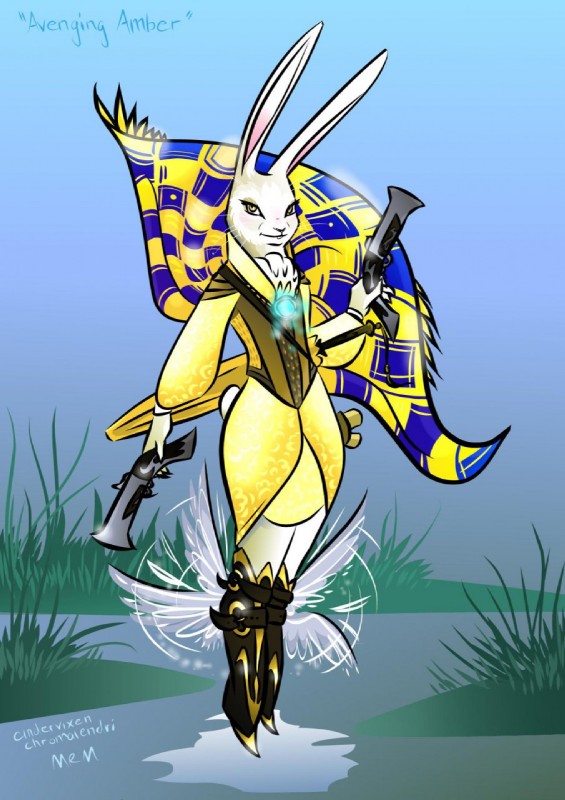 anthro banner buckteeth clothed clothing cravat dual_wielding female flat_chested floating glowing gun handcannon handgun holding_gun holding_object holding_ranged_weapon holding_weapon jewelry looking_at_viewer magic parasol pendant pistol ranged_weapon scroll smile solo teeth topwear weapon yellow_eyes cindervixen armello league_of_geeks amber_(armello) lagomorph leporid mammal rabbit hi_res