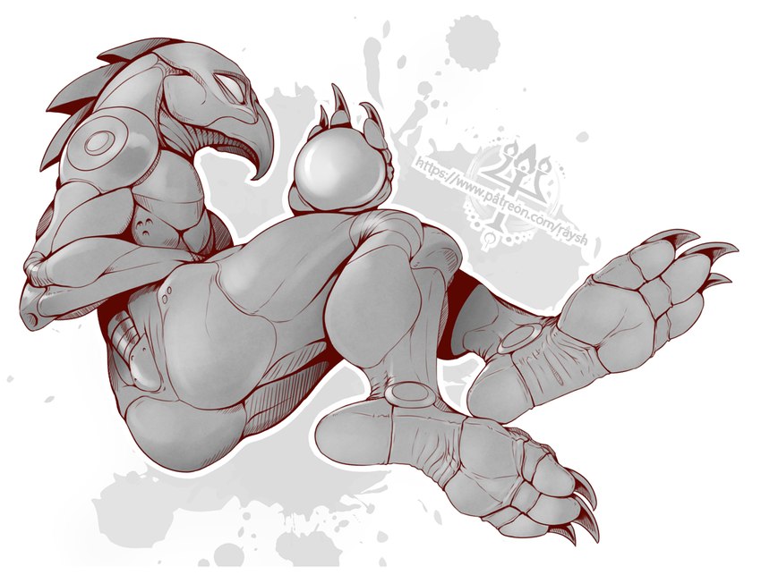 ambiguous_gender anthro armor ball beak butt claws feet holding_object paws simple_background soles solo toe_claws toes kredri metroid nintendo alien avian bird chozo