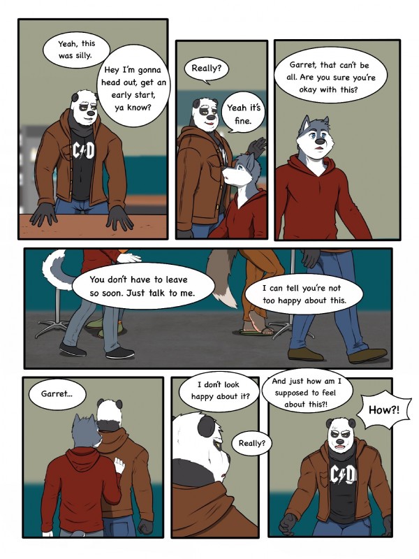 anthro clothing dialogue fur hoodie male text topwear rain-yatsu seattle_fur garret_(rain-yatsu) rainier_(rain-yatsu) bear canid canine canis domestic_dog giant_panda husky mammal nordic_sled_dog spitz 2018 3:4 comic english_text hi_res