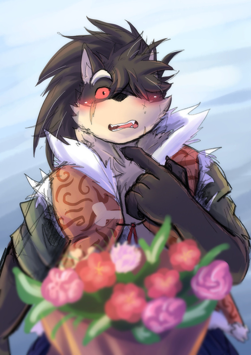 5_fingers anthro blush bouquet clothed clothing fingers flower fur gesture grey_body grey_fur grey_hair hair hand_gesture male open_mouth pink_sclera plant pointing pointing_at_self scar solo surprise tan_body tan_fur teeth shirokoi lifewonders tokyo_afterschool_summoners shino_(tas) canid canine canis domestic_dog mammal absurd_res hi_res