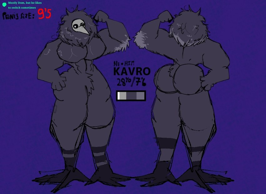 animal_mask beak_mask big_butt butt flexing front_view hyper male male/male mask muscular muscular_male pecs purple_body rear_view solo cu3rvo kavro_(cu3rvo) avian bird corvid corvus_(genus) oscine passerine raven colored model_sheet