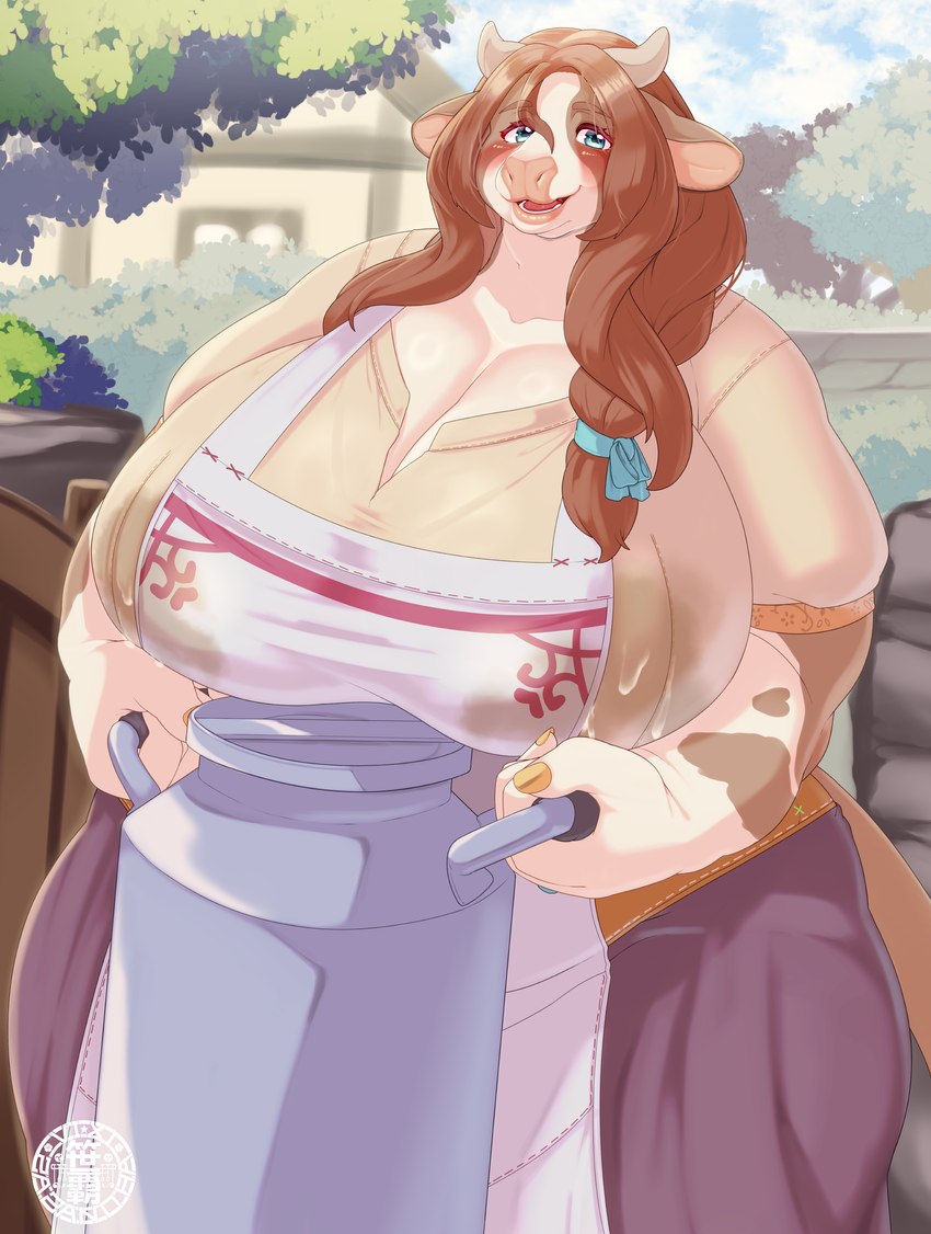 anthro apron big_breasts blue_eyes bodily_fluids breasts brown_ears building clothing day female fur grey_horn heart_(marking) holding_object holding_pitcher horn house huge_breasts implied_lactation lactating lactating_through_clothing looking_at_viewer markings milk multicolored_body multicolored_fur open_mouth outside pitcher plant sky solo standing tree two_tone_body two_tone_fur wet wet_clothing white_body white_fur wide_hips sasanoha6011 bovid bovine cattle holstein_friesian_cattle mammal absurd_res hi_res