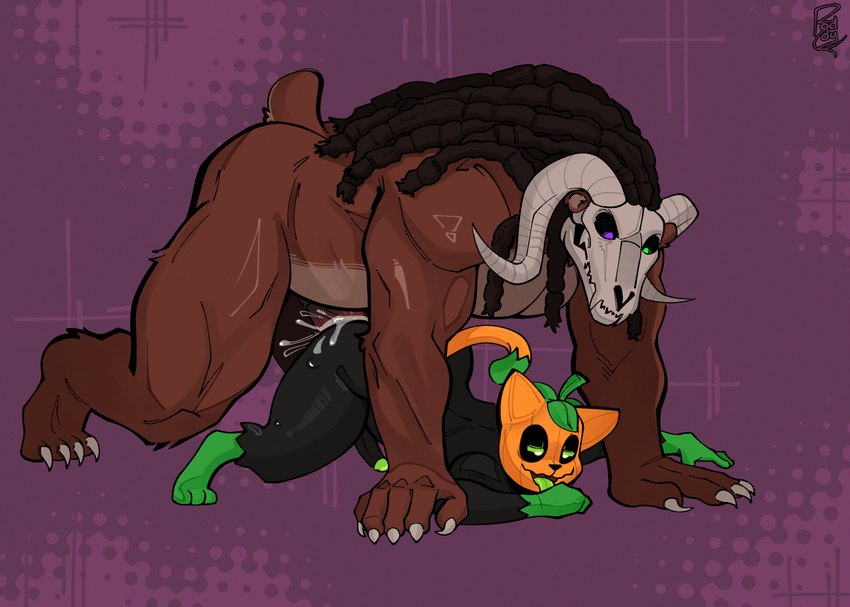 anthro anthro_on_anthro anthro_penetrated anthro_penetrating anthro_penetrating_anthro black_body black_hair bodily_fluids bone brown_body brown_fur claws cum cum_in_ass cum_inside doggystyle dreadlocks duo food for_a_head from_behind_position fruit fur genital_fluids hair long_hair male male/male male_penetrated male_penetrating male_penetrating_male penetration plant pumpkin_head sex short_tail skull skull_head tail tongue tongue_out rodd.y pumkat demon domestic_cat elemental_creature felid feline felis flora_fauna food_creature living_fruit mammal object_head absurd_res hi_res