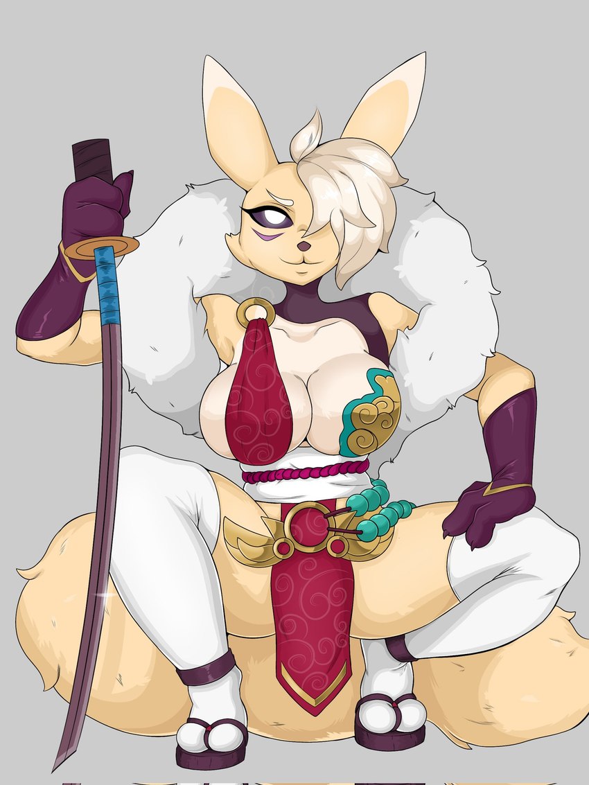 anthro big_breasts breasts clothed clothing female footwear gloves handwear katana melee_weapon one_eye_obstructed sandals shoes socks socks_with_sandals solo spread_legs spreading sword weapon theorangepumpkin bandai_namco digimon canid digimon_(species) mammal renamon 3:4 hi_res