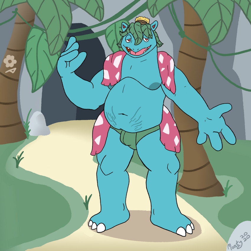 anthro anthrofied briefs bulge clothing flower holding_out_hand leaf male navel nipples outstretched_arm overweight overweight_anthro overweight_male plant pokemorph red_eyes smile solo stretch_marks tree underwear vines baron_montesque nintendo pokemon elemental_creature flora_fauna generation_1_pokemon pokemon_(species) reptile scalie venusaur 1:1 hi_res