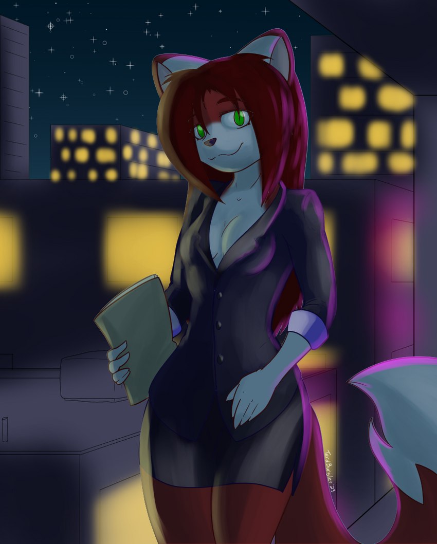 black_nose breasts city city_background cleavage clothed clothing dipstick_tail dress female folder fur green_eyes hair markings night outside red_body red_fur red_hair solo tail tail_markings terdburgler linda_wright canid canine domestic_cat felid feline felis fox hybrid mammal 2023 story story_at_source story_in_description