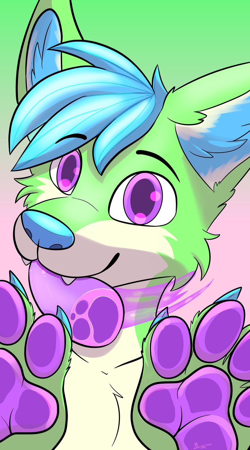 anthro beverage blue_body blue_claws blue_fur blue_inner_ear blue_nose bodily_fluids claws colored_saliva flavored_saliva fur gradient_background grape_soda green_body green_fur licking_screen looking_at_viewer male pawpads paws purple_eyes purple_pawpads purple_saliva purple_tongue saliva saliva_string simple_background soda solo tongue unusual_bodily_fluids unusual_saliva white_body white_fur brisky~ brisk_(brisky~) canid canine canis mammal wolf absurd_res hi_res