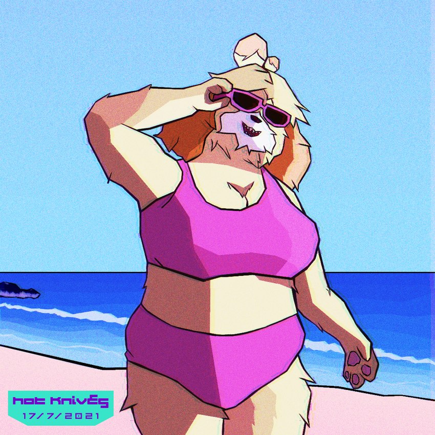 anthro beach big_breasts bikini bikini_bottom bikini_top biped blonde_hair breasts chromatic_aberration cleavage clothed clothing eyewear female fur grainy hair holding_eyewear holding_object holding_sunglasses open_mouth overweight overweight_anthro overweight_female parody pawpads paws pink_bikini pink_clothing pink_swimwear sea seaside sharp_teeth sky standing sunglasses swimwear teeth two-piece_swimsuit water yellow_body yellow_fur hot_knives animal_crossing nintendo isabelle_(animal_crossing) canid canine canis domestic_dog mammal shih_tzu toy_dog 2021 dated portrait signature three-quarter_portrait