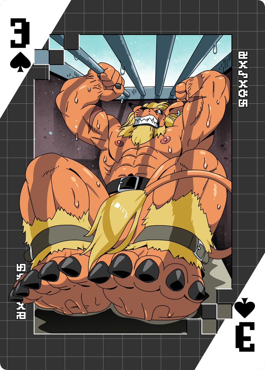 abs anthro blonde_hair bodily_fluids clenched_teeth covering covering_crotch feet hair imprisonment male muscular muscular_anthro muscular_male nipples nude pecs prison prison_bars solo sweat teeth roaringmoon bandai_namco digimon digimon_(species) leomon hi_res