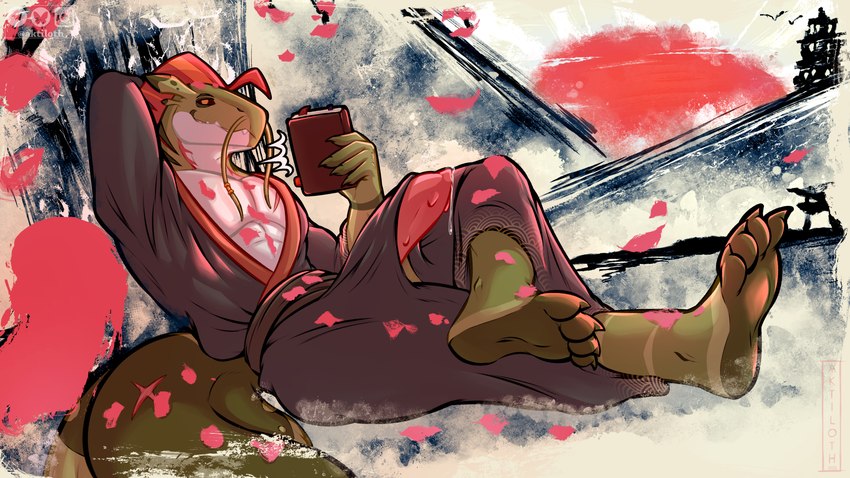anthro asian_clothing bodily_fluids book cherry_blossom cherry_blossom_tree cherry_tree claws clothed clothed_male clothing dripping east_asian_clothing erection erection_under_clothing feet fin flower fruit_tree genital_fluids genitals green_body head_fin holding_book holding_object japanese_clothing kimono kimono_only leaking_precum looking_at_viewer male multicolored_body pecs penis penis_poking_out pink_penis plant precum precum_drip precum_on_penis precum_string prunus_(flower) reading reading_book relaxing simple_background teeth tree whiskers aktiloth mythology ryusui_(drakinhydra) dragon fish hybrid marine mythological_creature mythological_scalie scalie hi_res