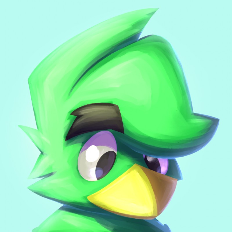 anthro beak black_eyebrows black_eyes blue_background eyebrows feathers green_body green_feathers simple_background solo yellow_beak glomiagui marcelo_canario avian bird 1:1 shaded