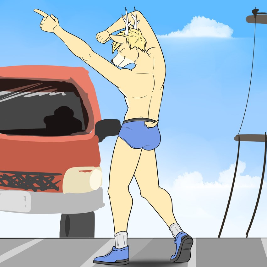 anthro antlers blonde_hair blue_briefs blue_clothing blue_footwear blue_shoes blue_sky blue_underwear briefs butt car clothed clothing dancing footwear fur grey_clothing grey_footwear grey_socks grey_soles hair horn male outside pantsless pantsless_anthro pantsless_male public shoes sky smile socks solo street tan_body tan_fur topless underwear utility_pole vehicle white_antlers white_clouds fuze deer_frat_dude_(fuze) deer mammal 1:1 hi_res