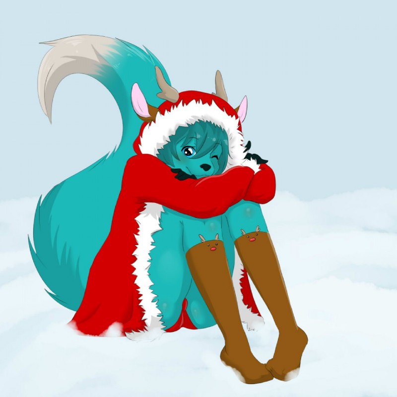 anthro antlers biped blush bulge clothing crossed_arms footwear holidays horn legwear looking_at_viewer male one_eye_closed outside simple_background sitting smile snow socks solo babbuful christmas canid canine fox hybrid mammal 1:1 hi_res